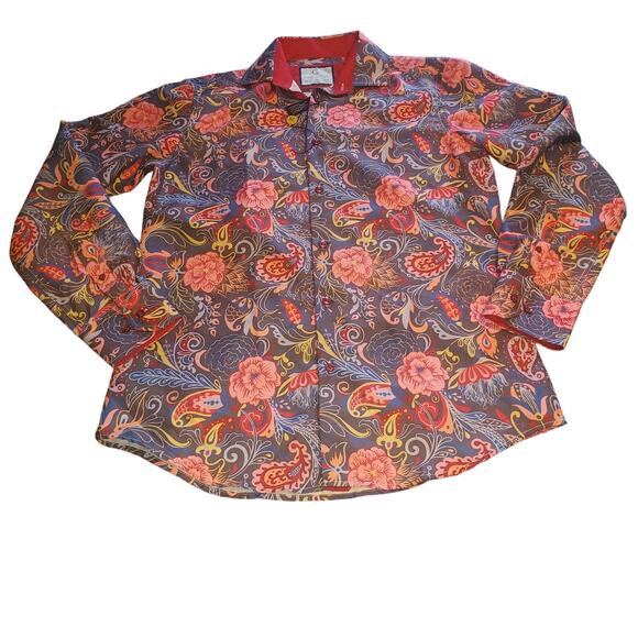 New Suslo Couture Size M SLIM Button Shirt Pink Red Blue Floral Paisley Limited - Picture 1 of 10